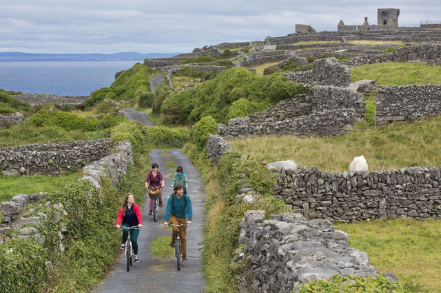 Scenic view of the Aran Islands coastline with rugged cliffs and blue Atlantic waters